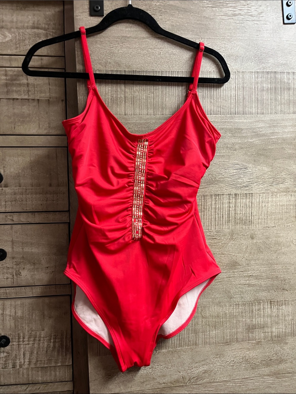 Red Women's One-Piece Swimsuit with Center Embellishment